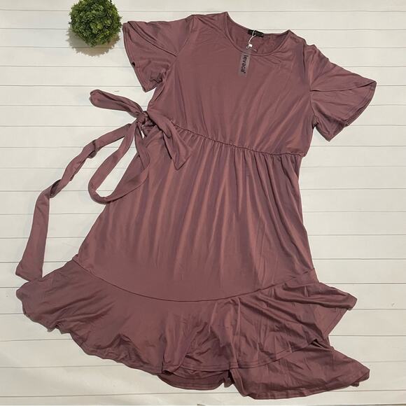 NWT Dusty Purple Short‎ Sleeve Faux Wrap Ruffle Midi Dress Women’s Size XXL - Picture 1 of 12